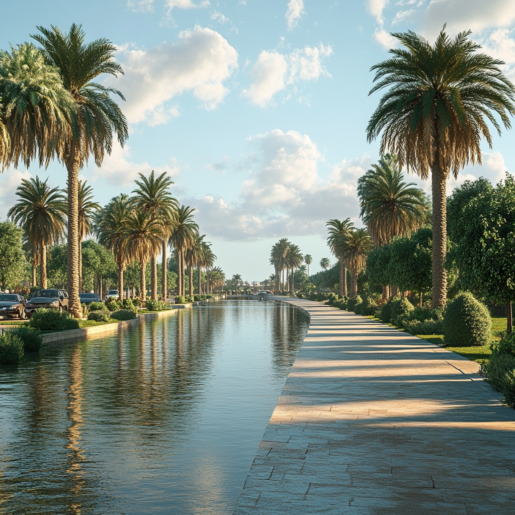 Empty, wide, historical southern European park with palms.