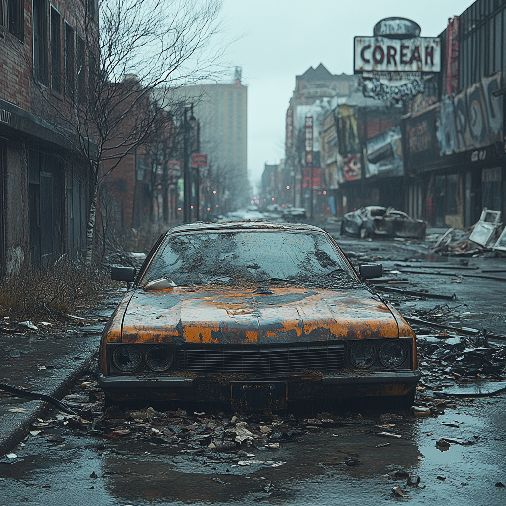 Empty Chicago streets during economic collapse, abandoned buildings, gray skies.