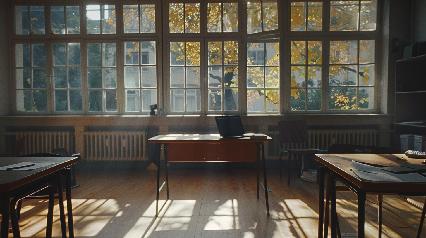 Empty Classroom with Laptop and Tablet in Sunlight