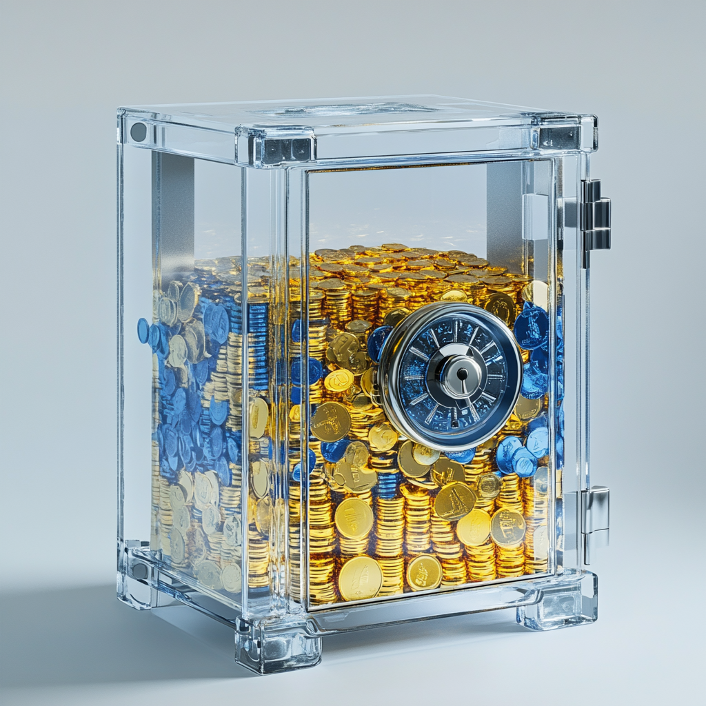 Empty Safe with Yellow and Blue Coins Inside