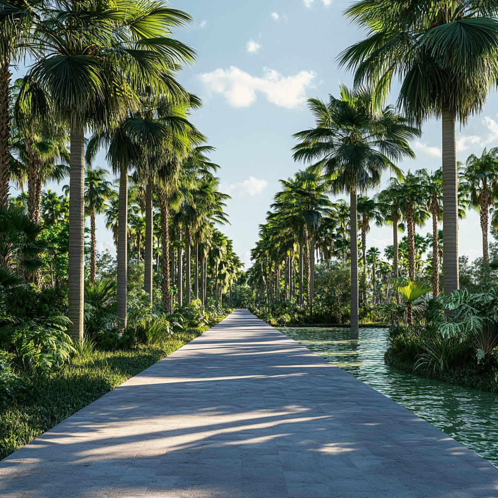 Empty beautiful park with palms in southern Europe.