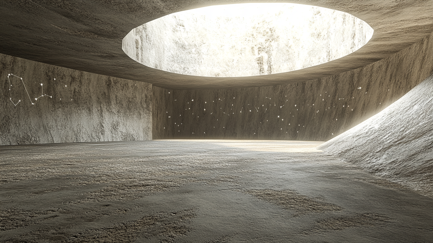 Empty circular room with sand floor and carved constellations.