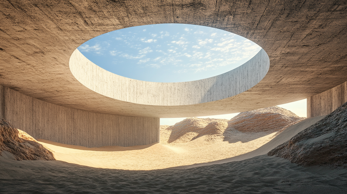 Empty circular stone room, closed ceiling, sand dune floor.