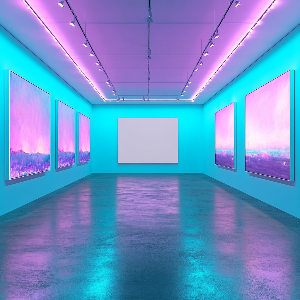 Empty contemporary gallery with turquoise walls and abstract painting canvas.