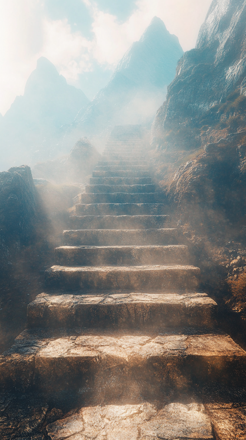 Empty endless stone stairs climbing through foggy mountain peaks.