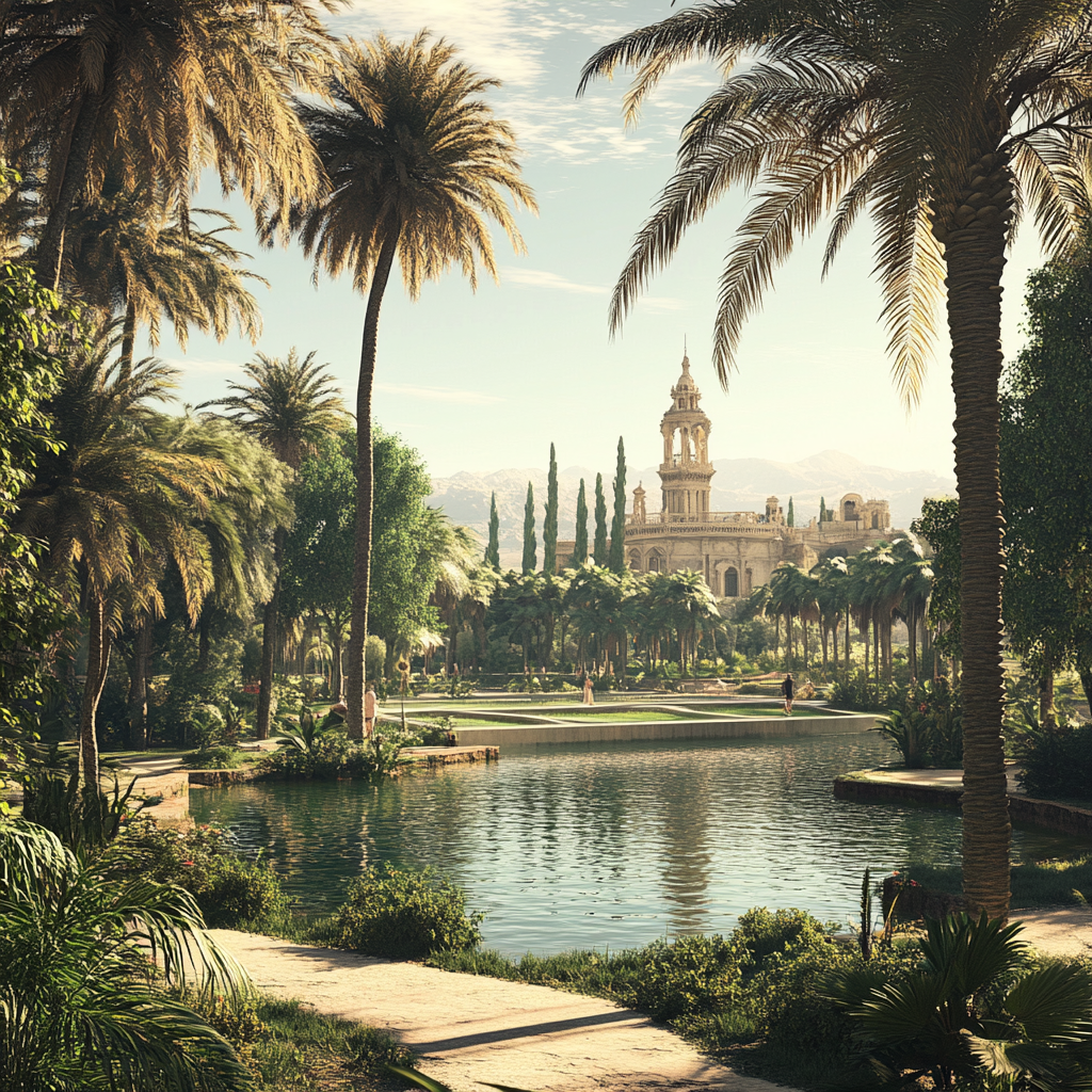 Empty historical park with palms on river island, daytime portrait.