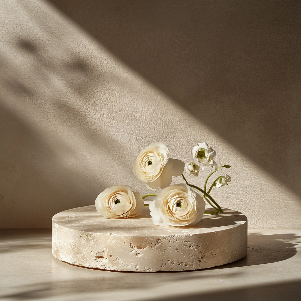 Empty product podium with travertine, flowers, luxury elegance.