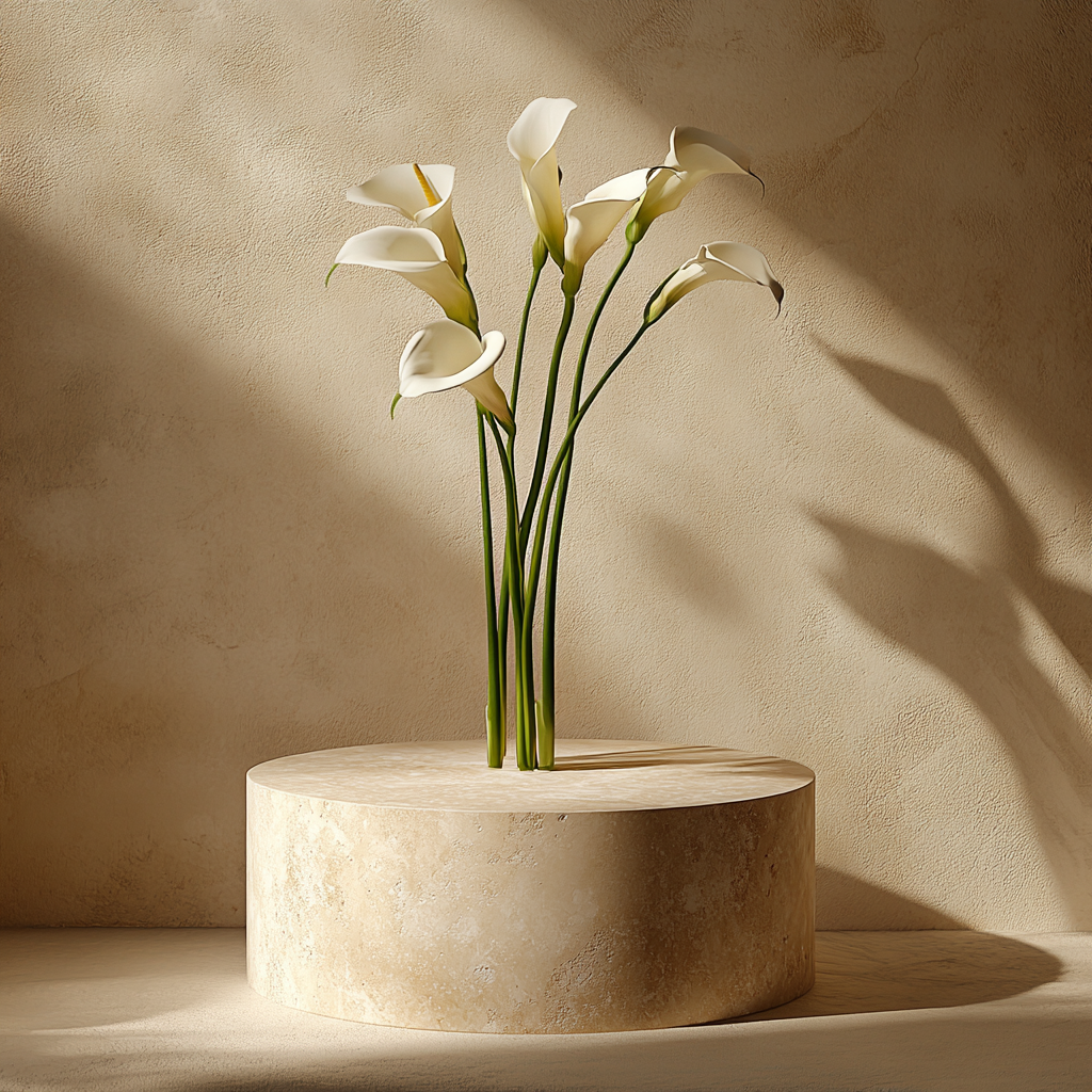 Empty product podium with travertine rustic style and calla lilies