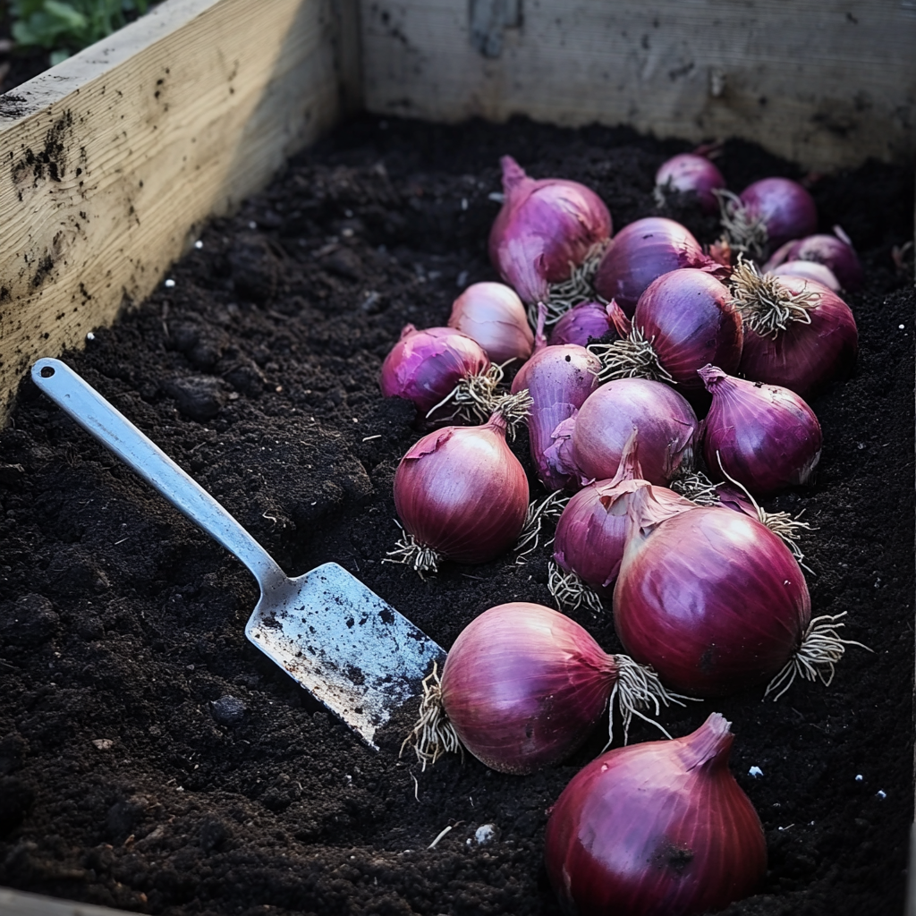 Empty raised bed, large pile of red onions nearby.