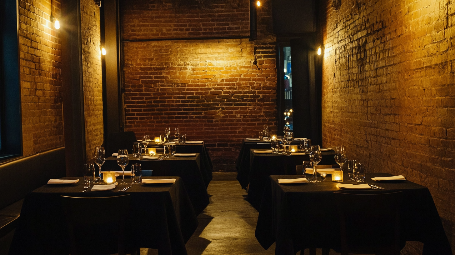 Empty restaurant at night with warm lighting and candles.