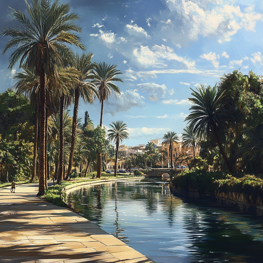 Empty southern European park with palm trees overlooking river.