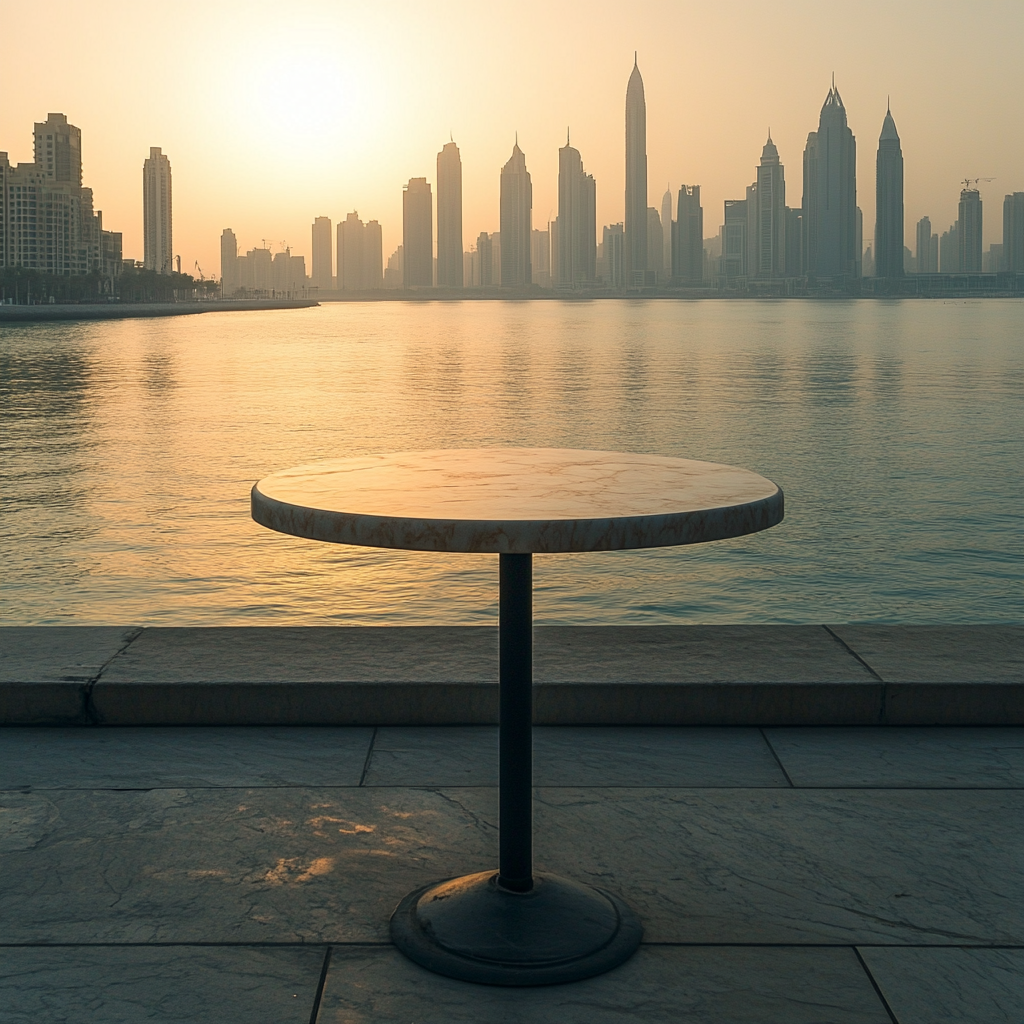 Empty table near Dubai skyline by the waterfront.