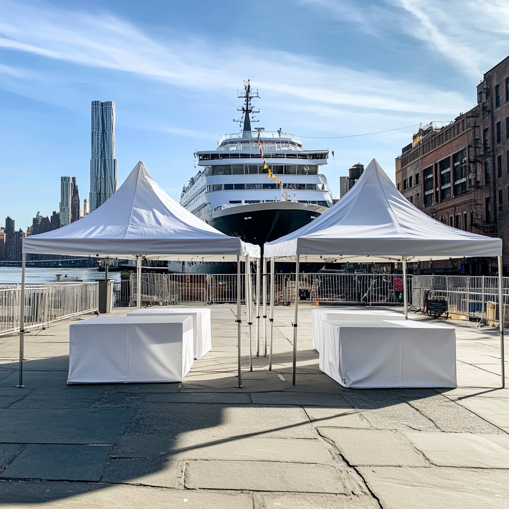 Empty tents and cruise ship in NYC