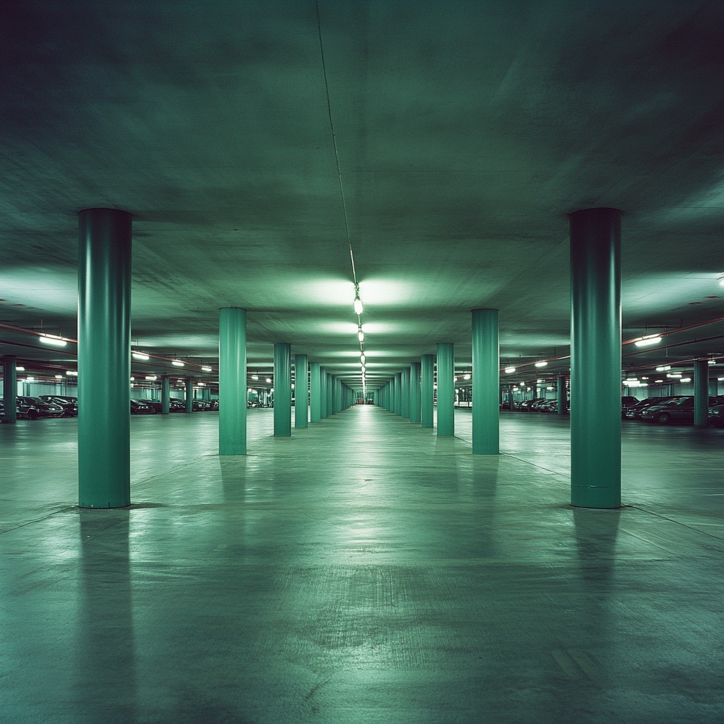 Empty underground parking lot with green pillars