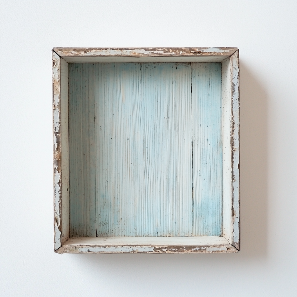 Empty vintage shadowbox with light blue stripes on white.