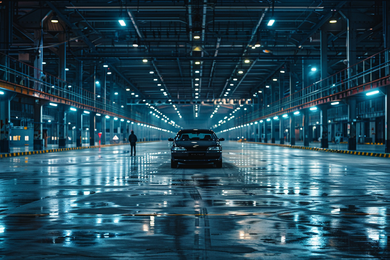 Empty warehouse with person standing next to car.