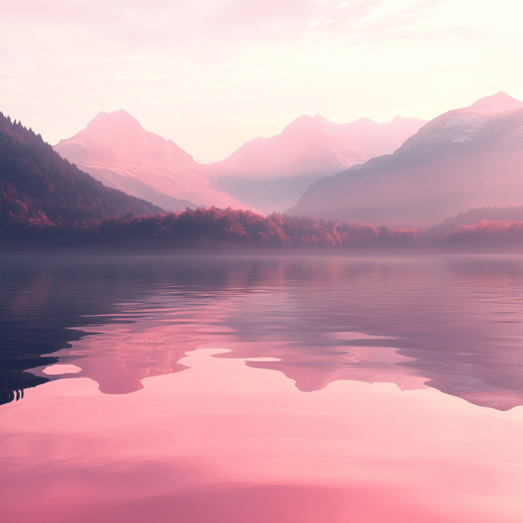 Empty water with pink reflections, distant mountains as backdrop.