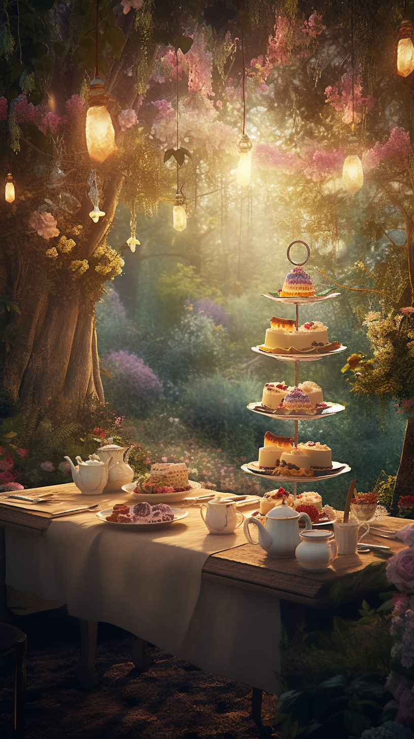 Enchanted Afternoon Tea Scene in Misty Forest