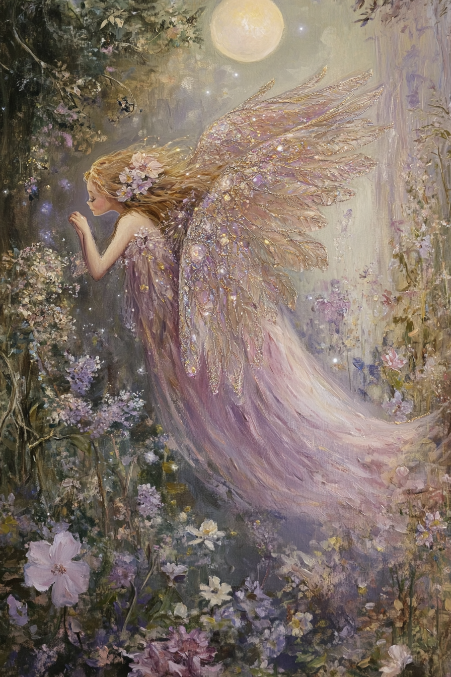 Enchanted Fairy Girl Flying with Owl in Night Forest