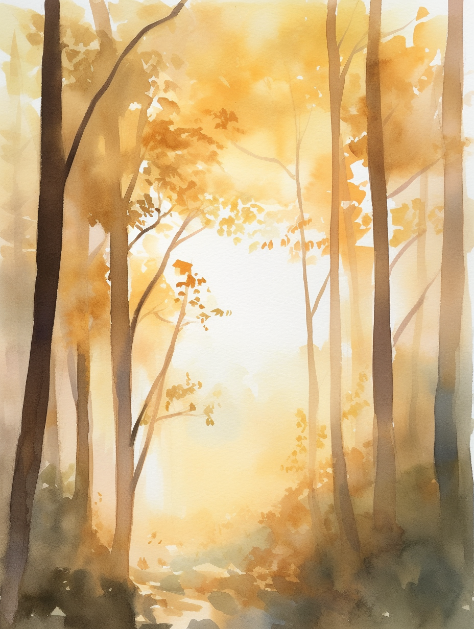 Enchanted Forest Sunrise in Watercolor Painting