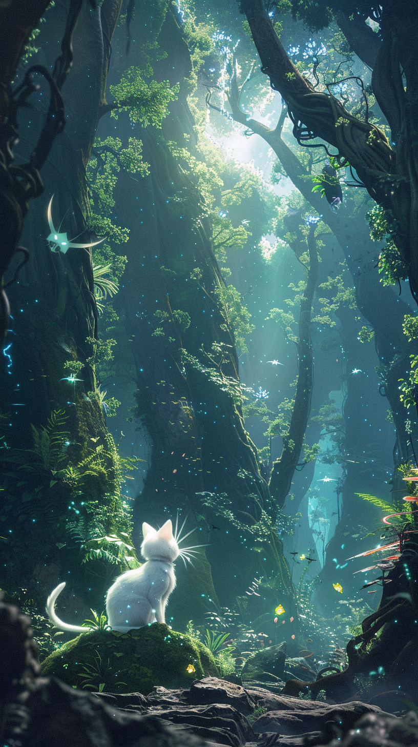 Enchanted Forest with Bioluminescent Plants and White Cat