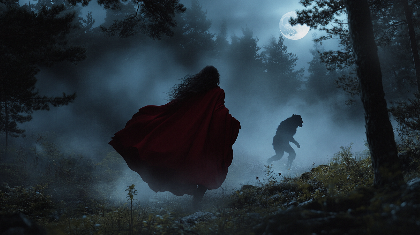 Woman in Red Cloak Running Dramatically