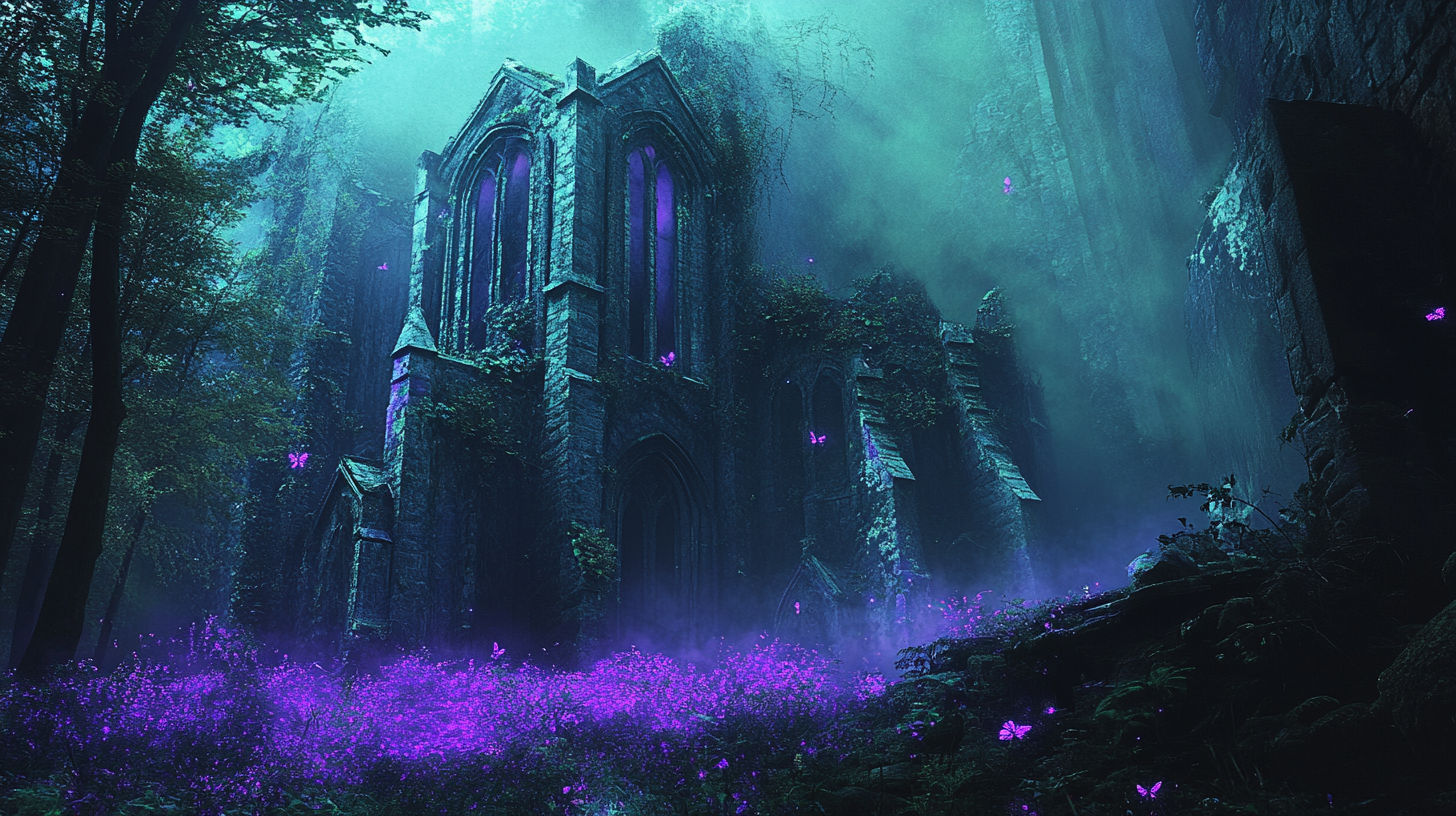 Enchanted Ruined Gothic Church in Mystical Ancient Forest