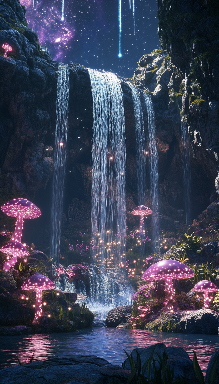 Enchanted Waterfall: Fairies Dance Under Glowing Night Sky