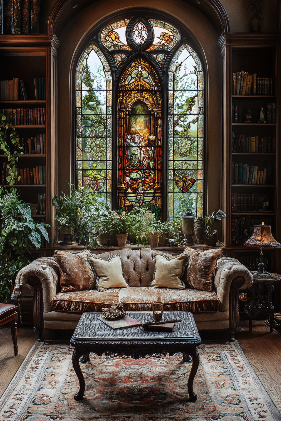 Enchanted elegance in Western Gothic living room with whimsical elements.