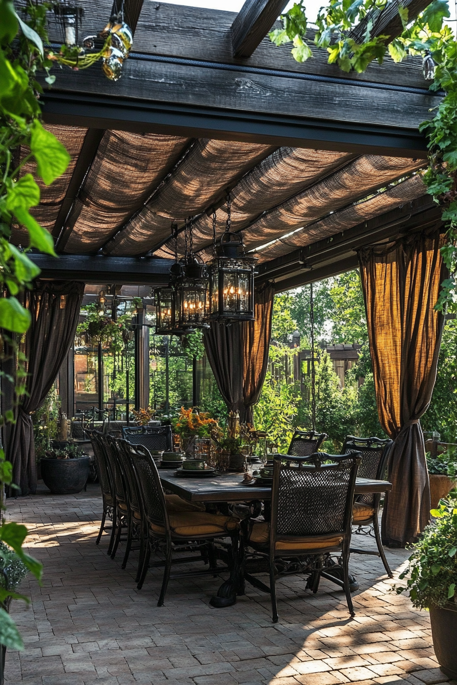 Enchanted evening patio with Gothic decor and soft lighting.