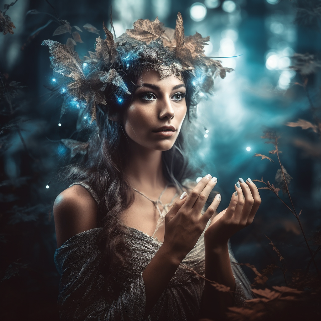 Enchanted forest fairy with magic emitting hands, detailed character.