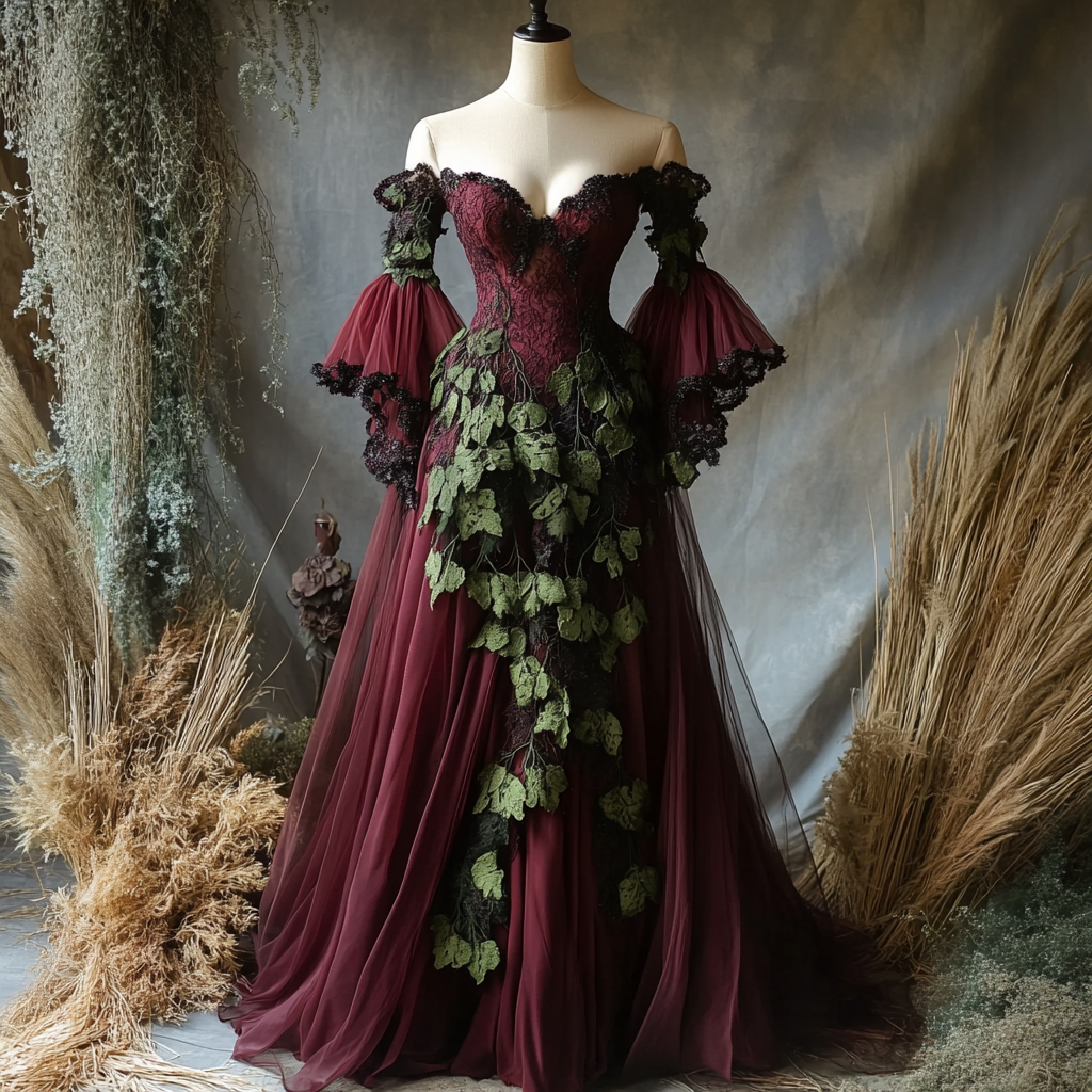 Enchanted forest themed burgundy gown on mannequin