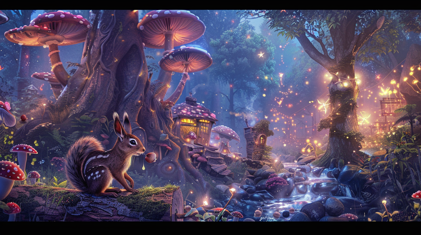 Enchanted forest with big mushrooms, friendly animals, treehouse.