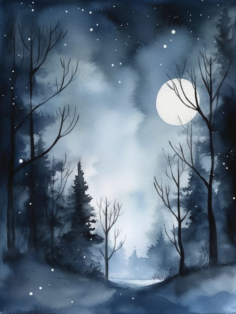 Enchanted night forest scene in watercolor painting