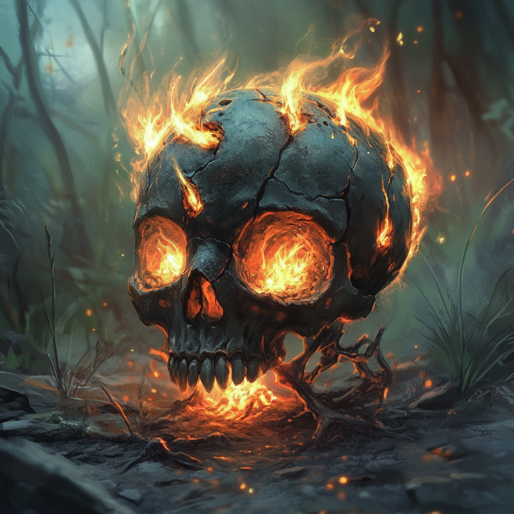 Enchanted skull with fiery embers in mystical forest