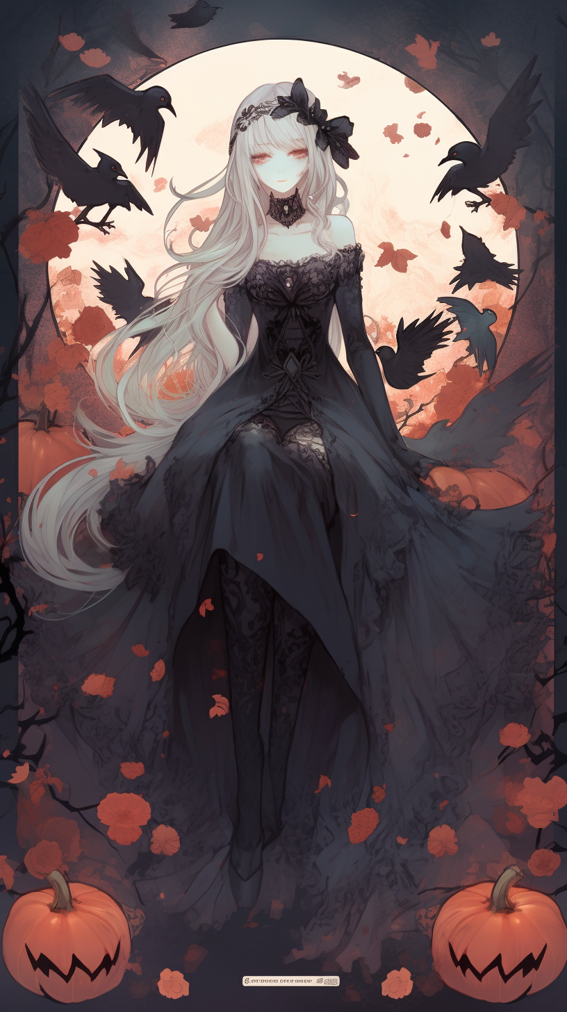 Enchanted sorceress in black rose gown on Halloween night