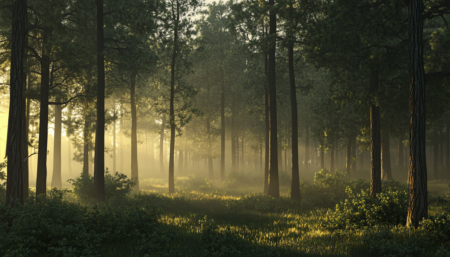 Enchanting 3D Render of Dense Forest at Dawn