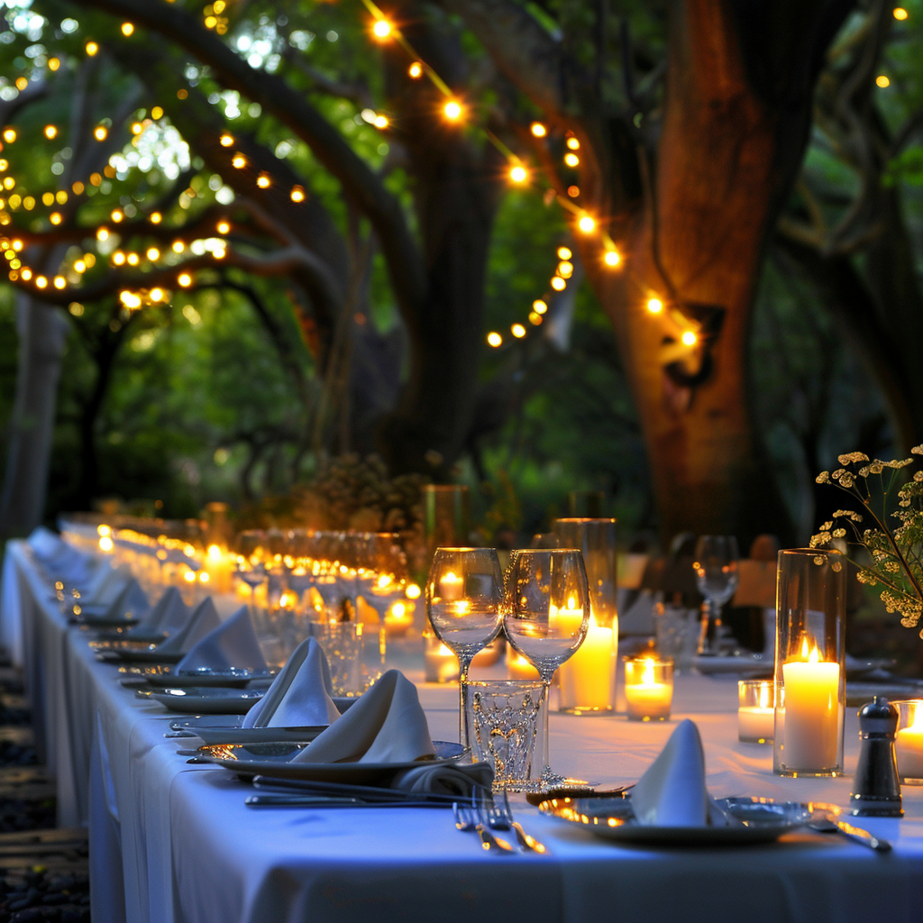 Forest Dinner Party Under Evening Lights