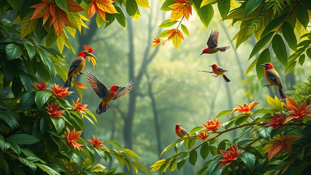 Enchanting Forest Scene with Birds and Leaves