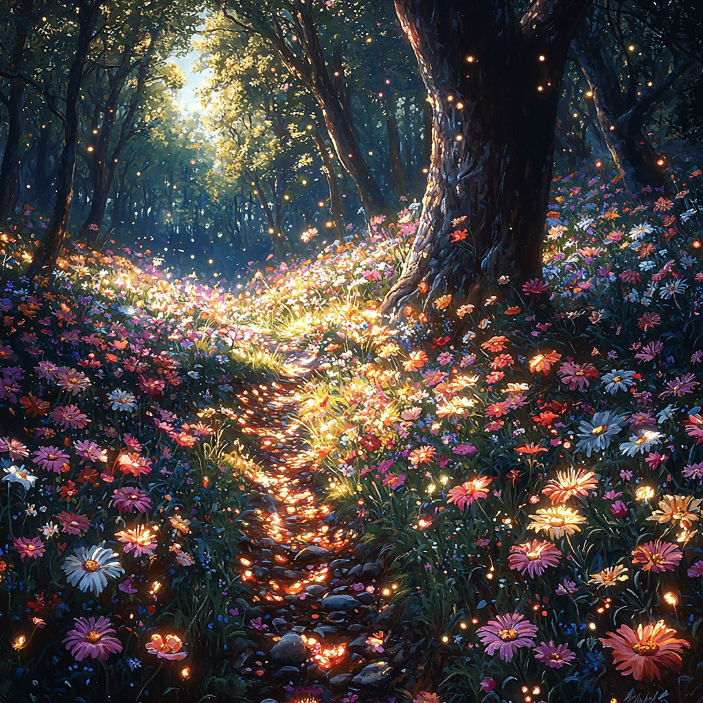 Enchanting Forest with Colorful Flowers and Playful Light Spots