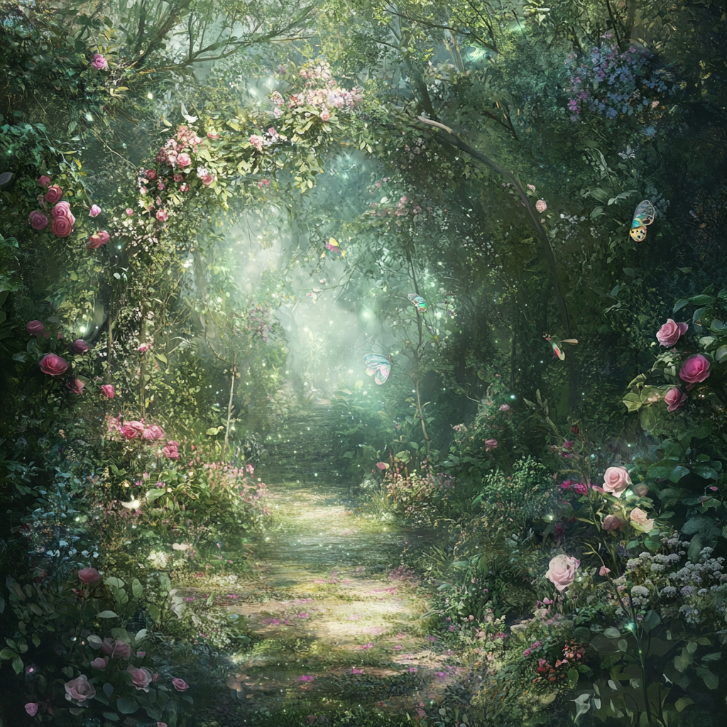 Enchanting Garden with Fairies, Forest, Roses and Flowers