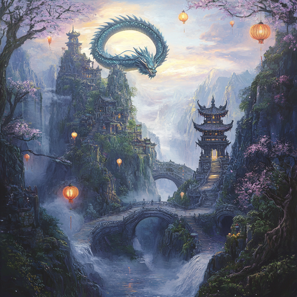 Enchanting Oriental Landscape with Ethereal Dragon