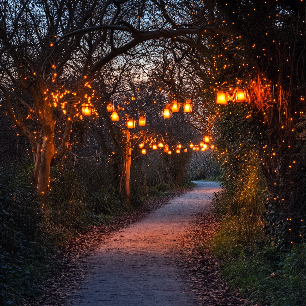 Enchanting Path at Sunrise with Lanterns and Pumpkins