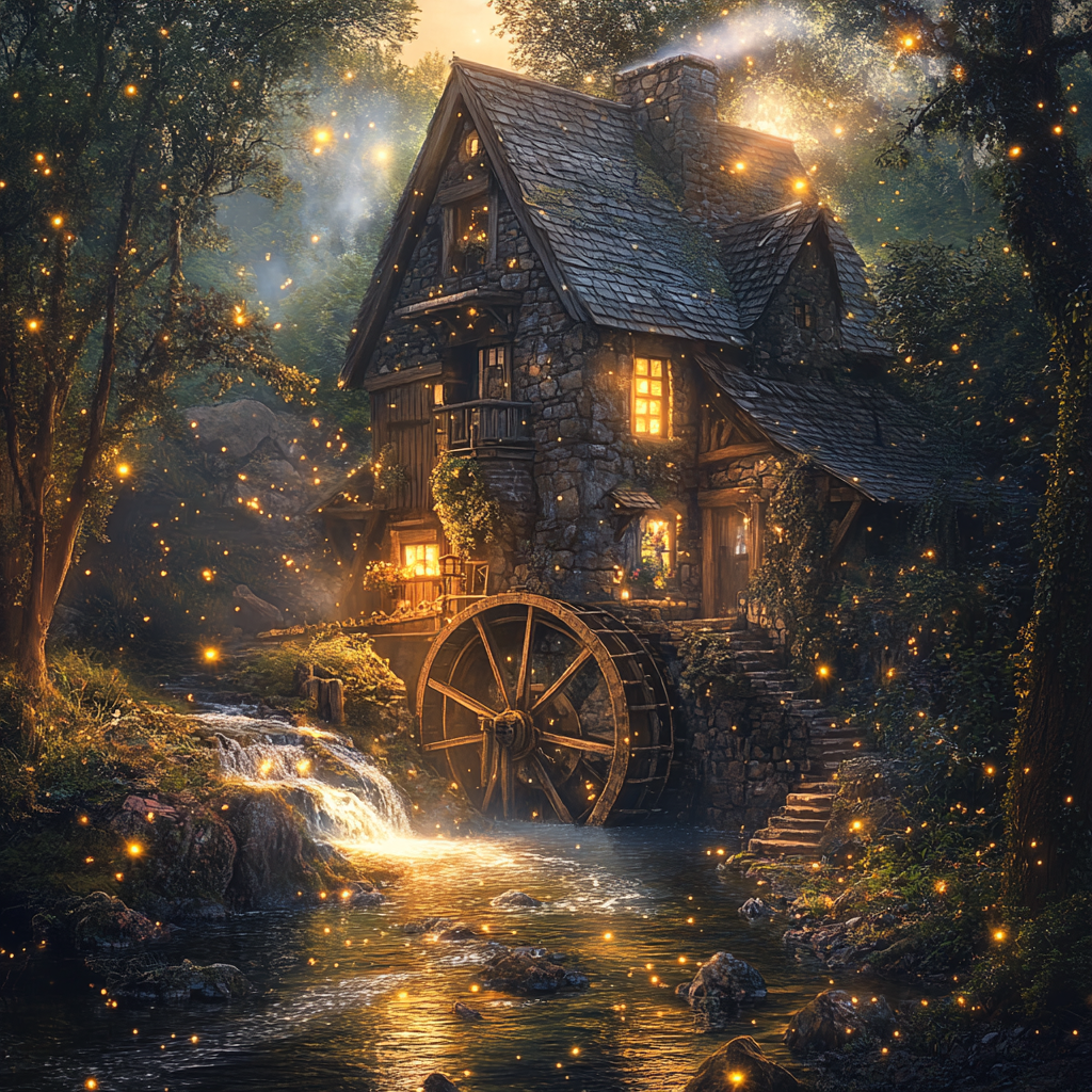 Enchanting Watermill with Glowing River and Fireflies Landscape