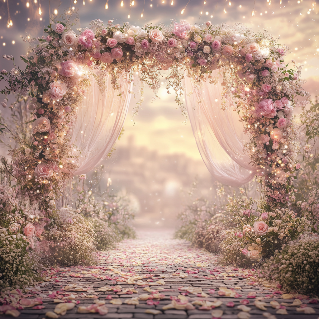 Enchanting fairy tale wedding with sunset sky