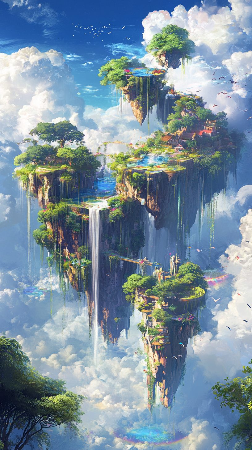 Enchanting floating islands with rainbow bridges and magical creatures.