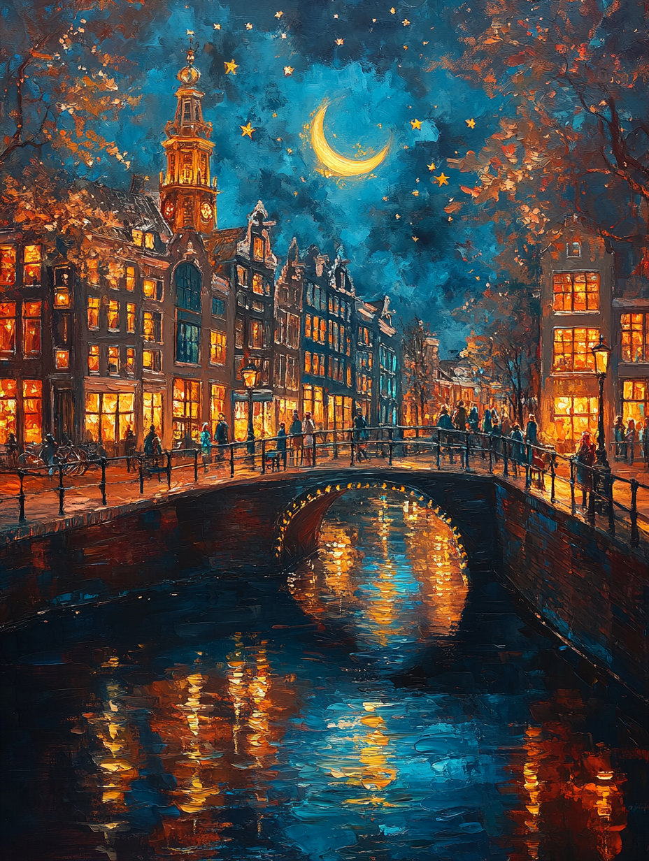 Enchanting painting of Amsterdam canals in vivid detail.