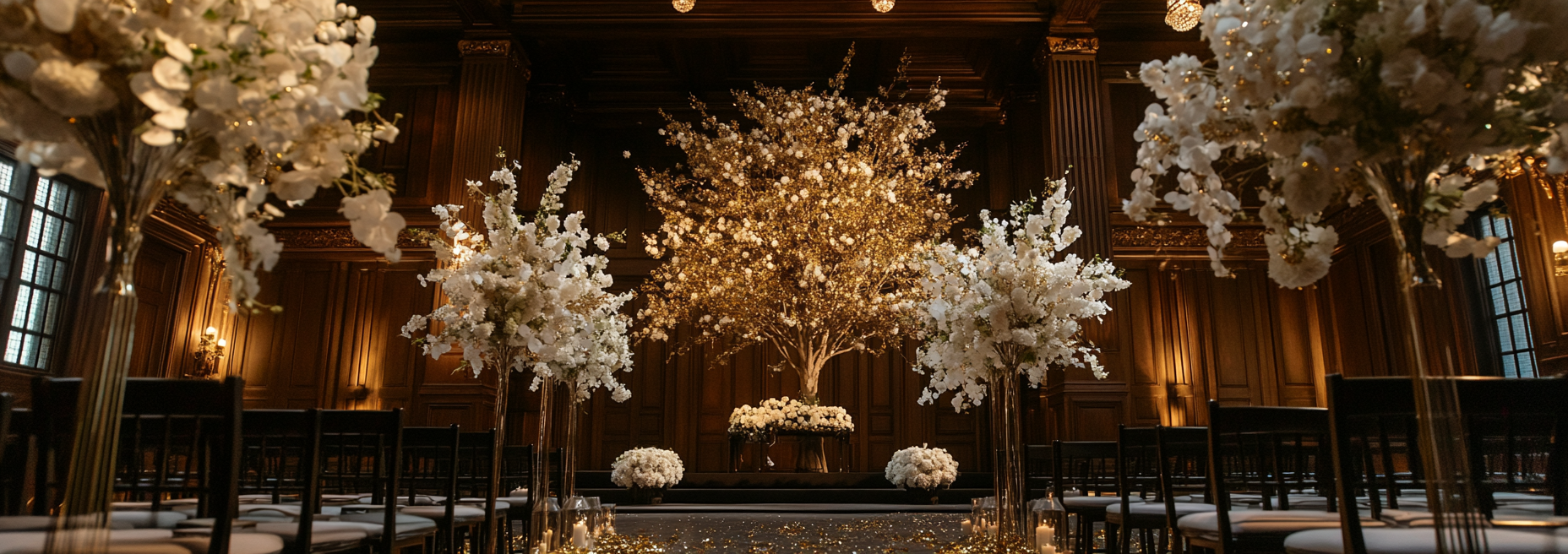 Enchanting wedding ceremony in grand ballroom setting