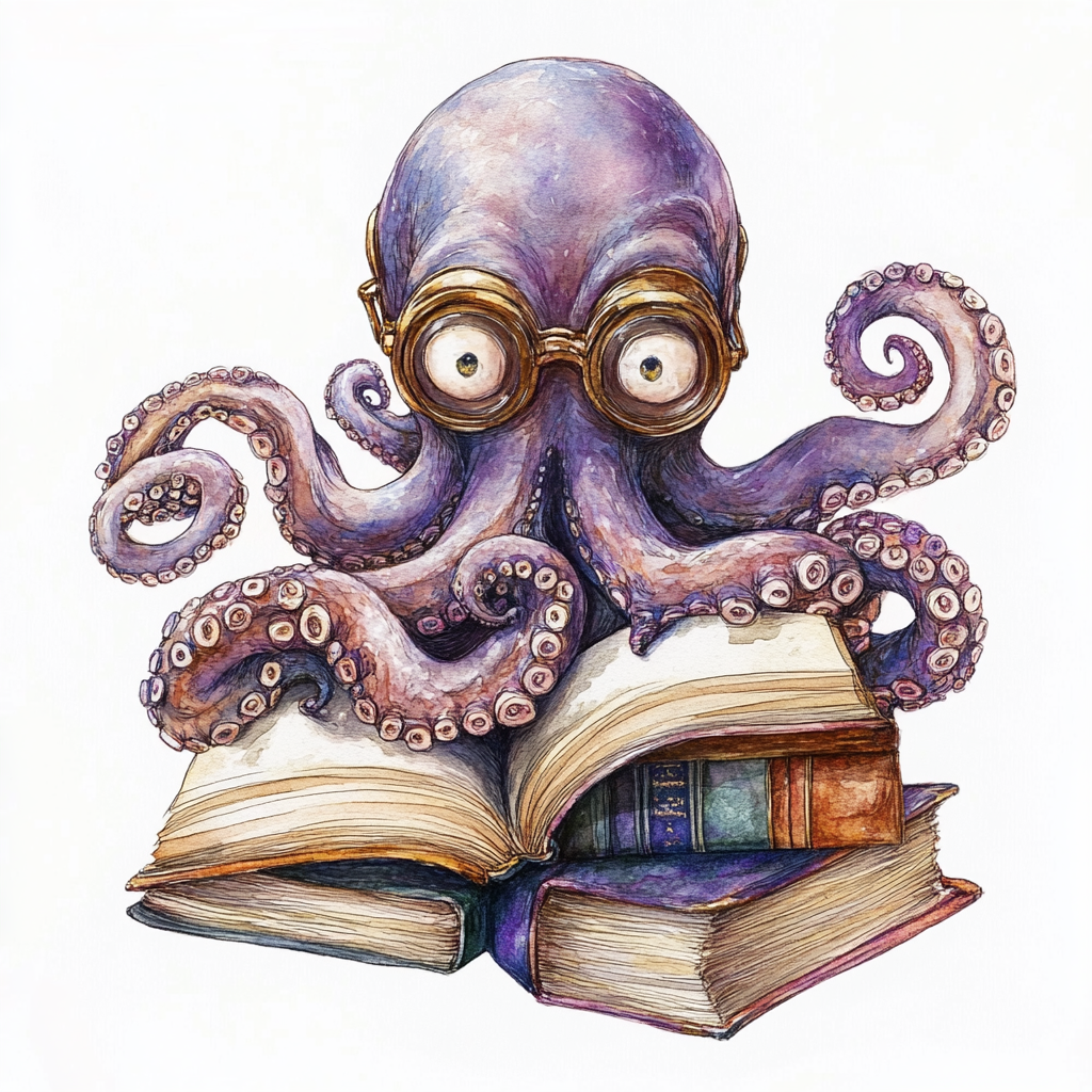 Endearing Octopus Librarian Character in Art Nouveau Style