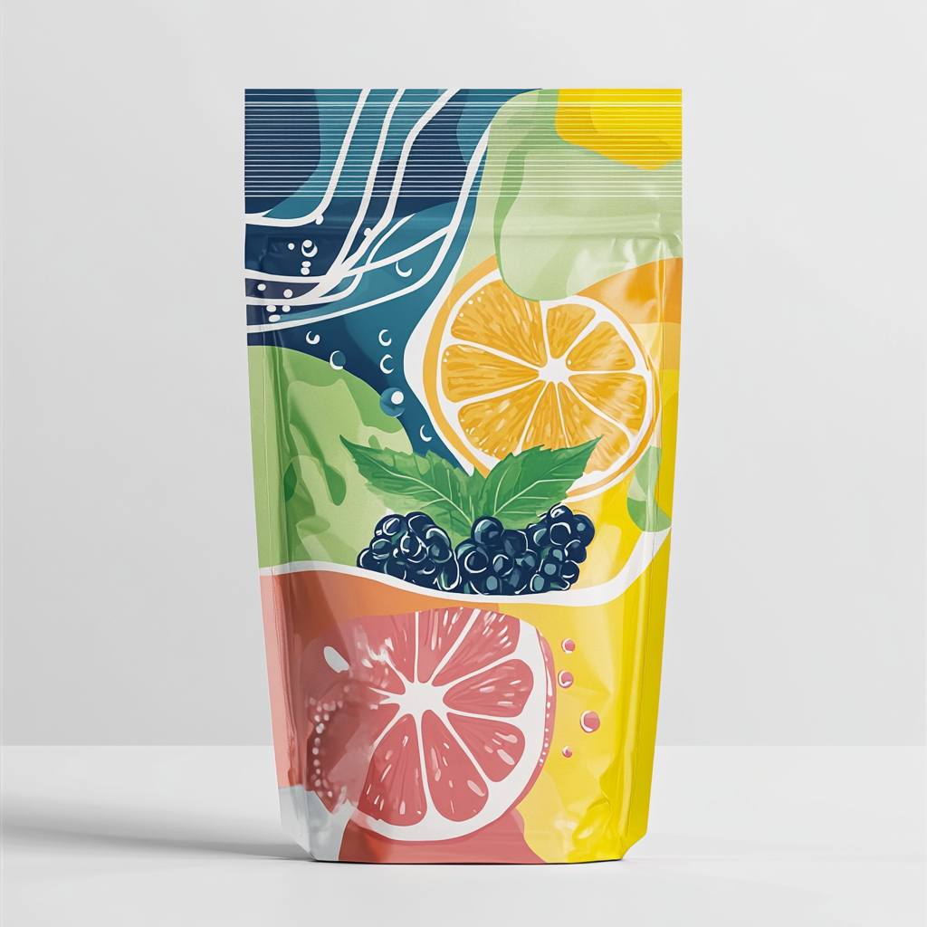 Energetic, fresh fruit pouch with vibrant colors and abstract elements.